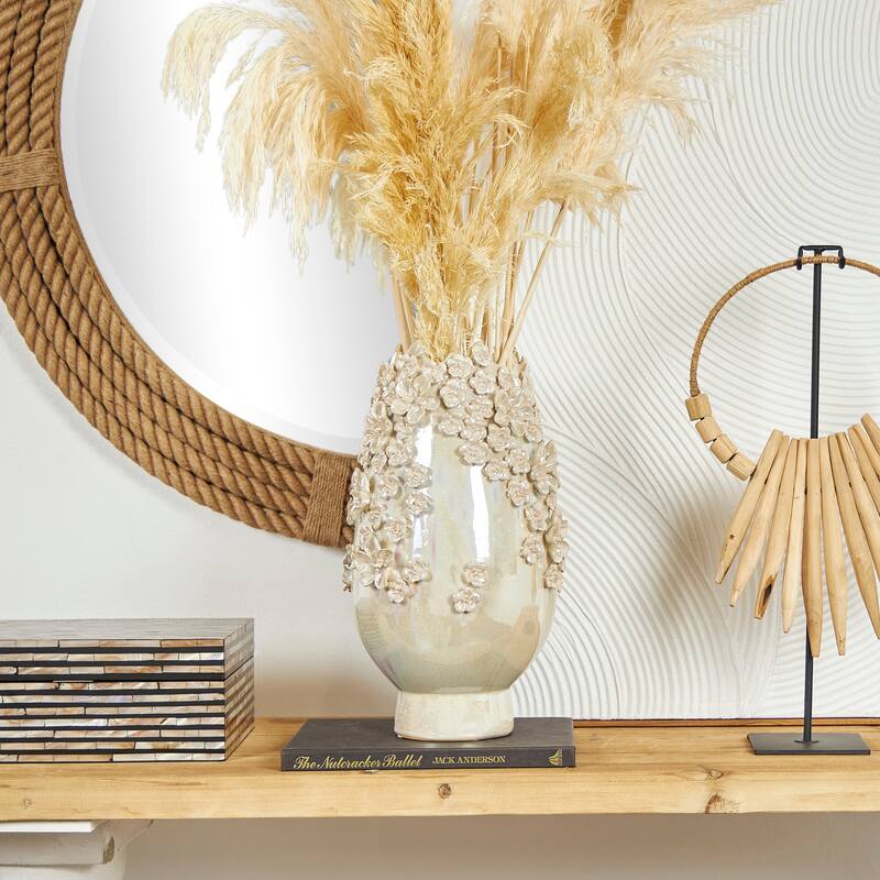 Ceramic Floral 3D Vase with Iridescent Glaze - Cream - Roche River Decor - 9"W x 9"L x 16"H