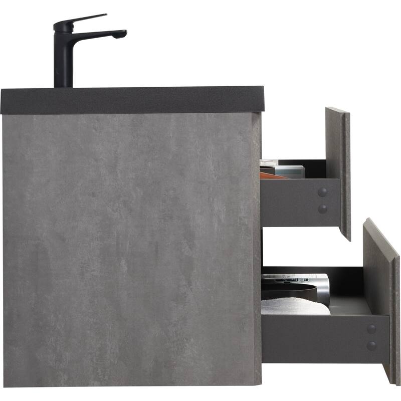 36" Wall-Mounted Floating Vanity with Premium Quartz Sand Basin, Grey Modern Storage Cabinet