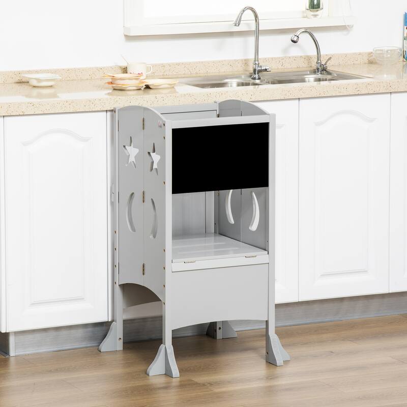 Kids Kitchen Step Stool Foldable Child Standing Tower with Chalkboard. Lockable Handrail for Children 3-6 Years Old, Grey