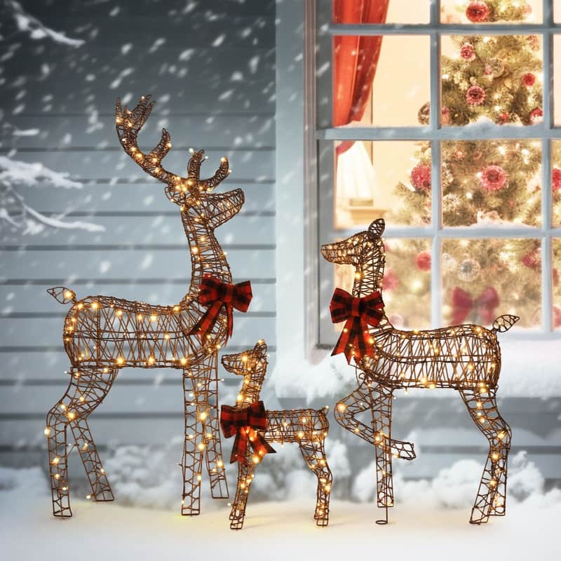 3-Piece Lighted Rattan Christmas Reindeer Family Set Outdoor Decorations - Brown