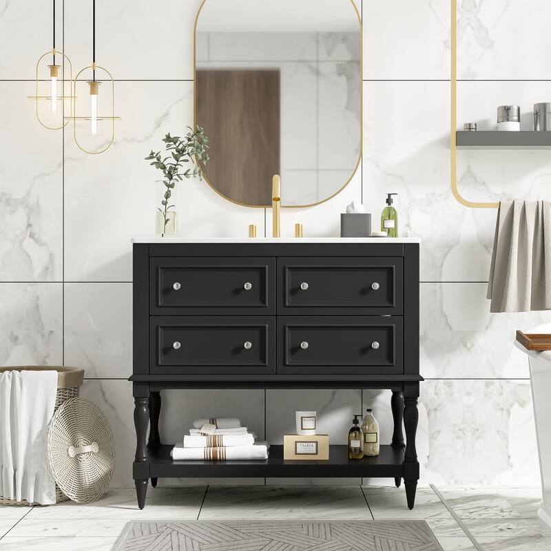 Bathroom Vanity with Ceramic Sink, Solid Wood Vanity Set with 4 Drawers, Bathroom Storage Cabinet with Open Shelf