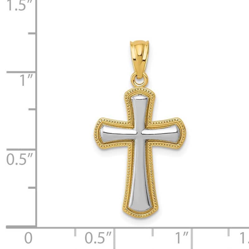 Curata 14k Yellow Gold 18" Rhodium Beaded Polished Flared Cross Necklace - 30x15.3mm