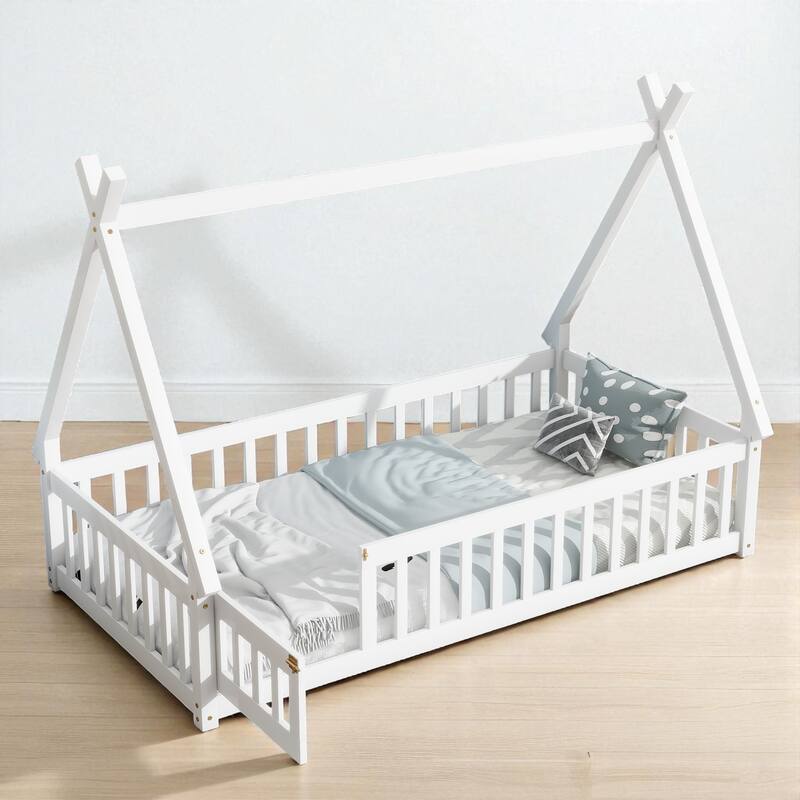 Twin Size Rubber Wood Teepee Floor Bed with Guardrails, Slats and Door for Kids Bedroom