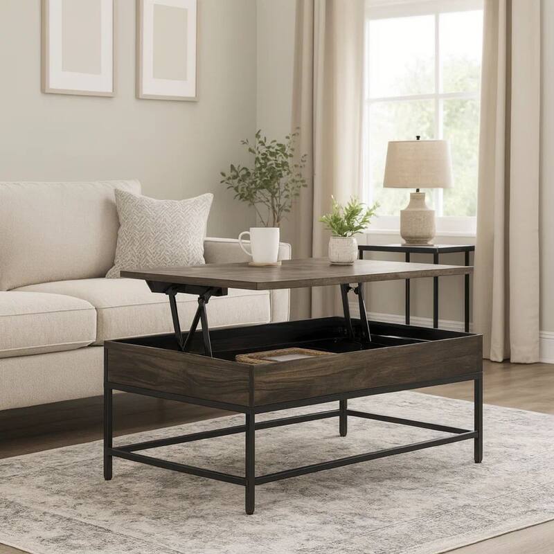 Sean 39 Inch Storage Coffee Table, Lift Top, Steel Frame, Burnt Brown