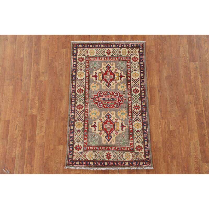 Geometric Kazak Accent Rug Hand-Knotted Grey Wool Carpet - 2'6" x 4'3"