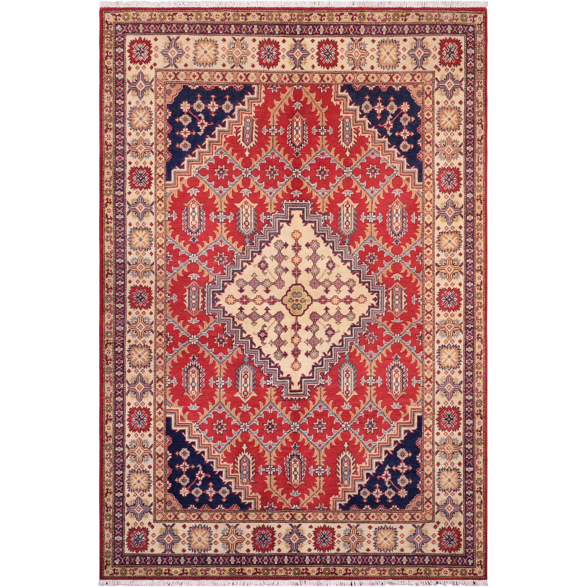 Southwestern Kazak Fatima Red/Beige Wool Rug - 5'8'' x 7'10''