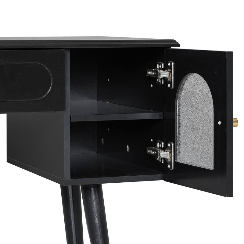Elegant Vanity Makeup Table & Chair Set, Modern Dressing Table with Organizer, Writing Desk, Charging Port, Black