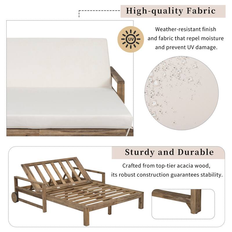 Farmhouse Acacia Wood Outdoor Sunbed with Adjustable Backrest