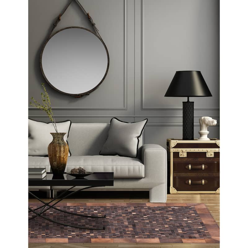 ECARPETGALLERY Handmade Cowhide Patchwork Dark Brown Leather Rug - 5'1 x 8'0