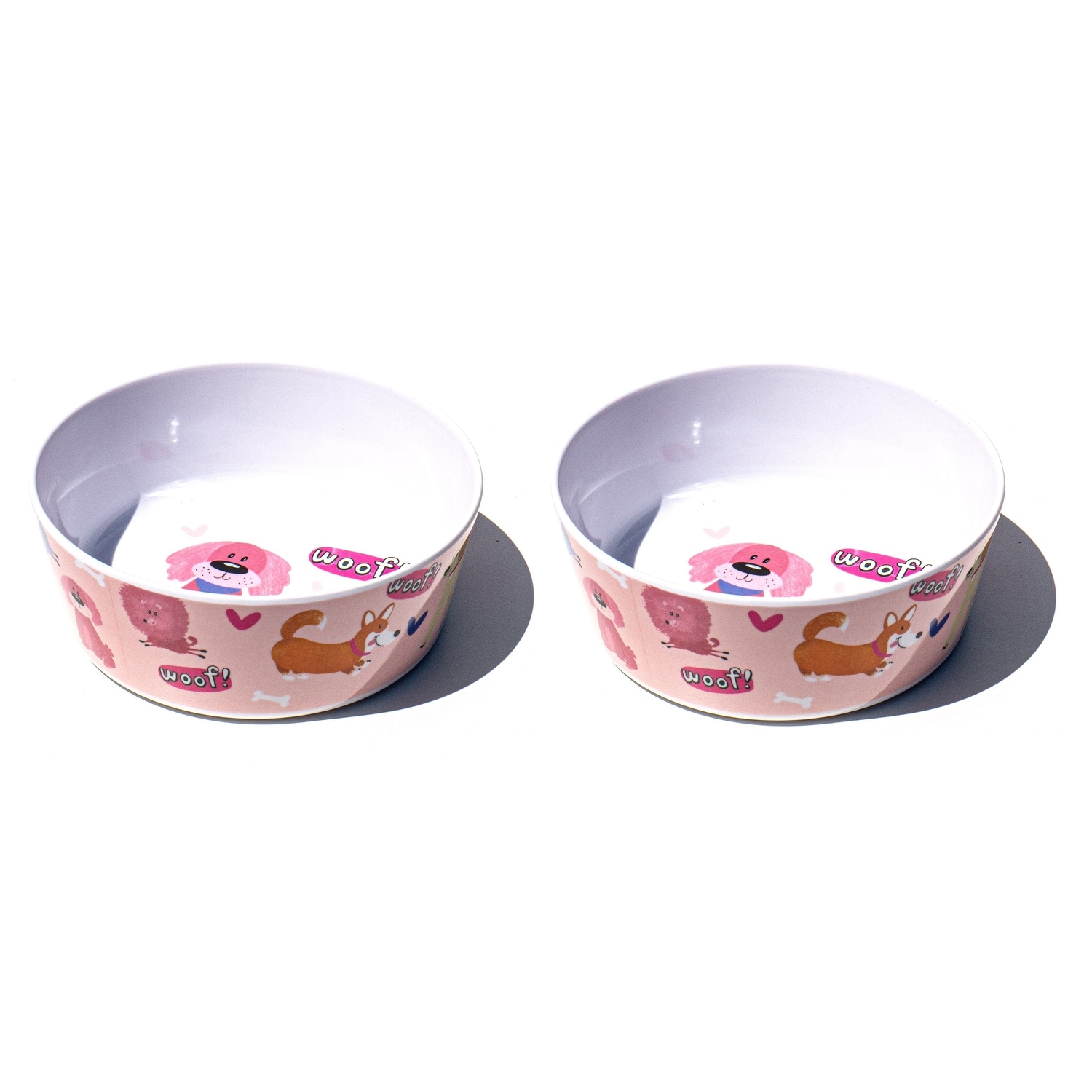 Abode Homewares Whimsy Dogs Melamine Pet Bowl - Small - 1.5 Cups - Pink - Set of 2