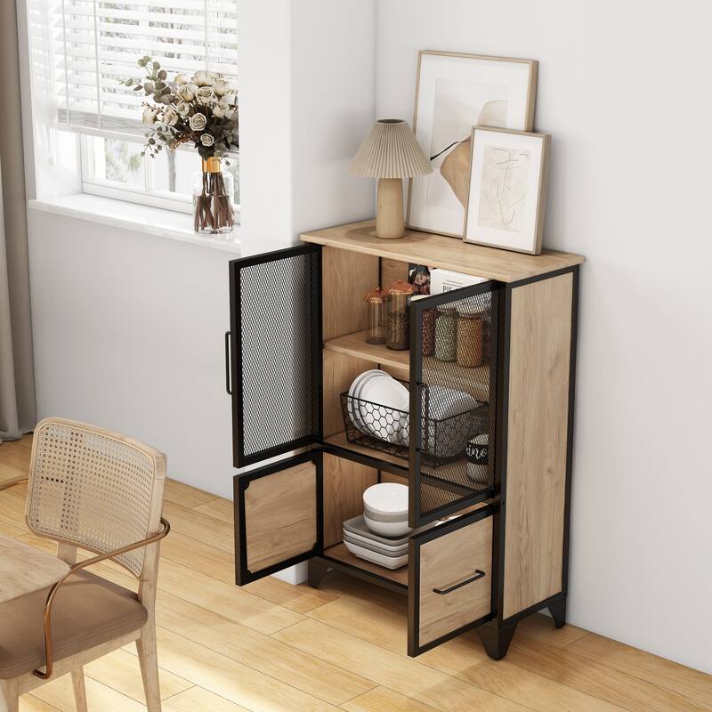 Storage Cabinet With 4 Iron Doors,Black Metal Handle,Sideboard With Adjustable Shelf,Black Sturdy Metal Frame and Metal Legs