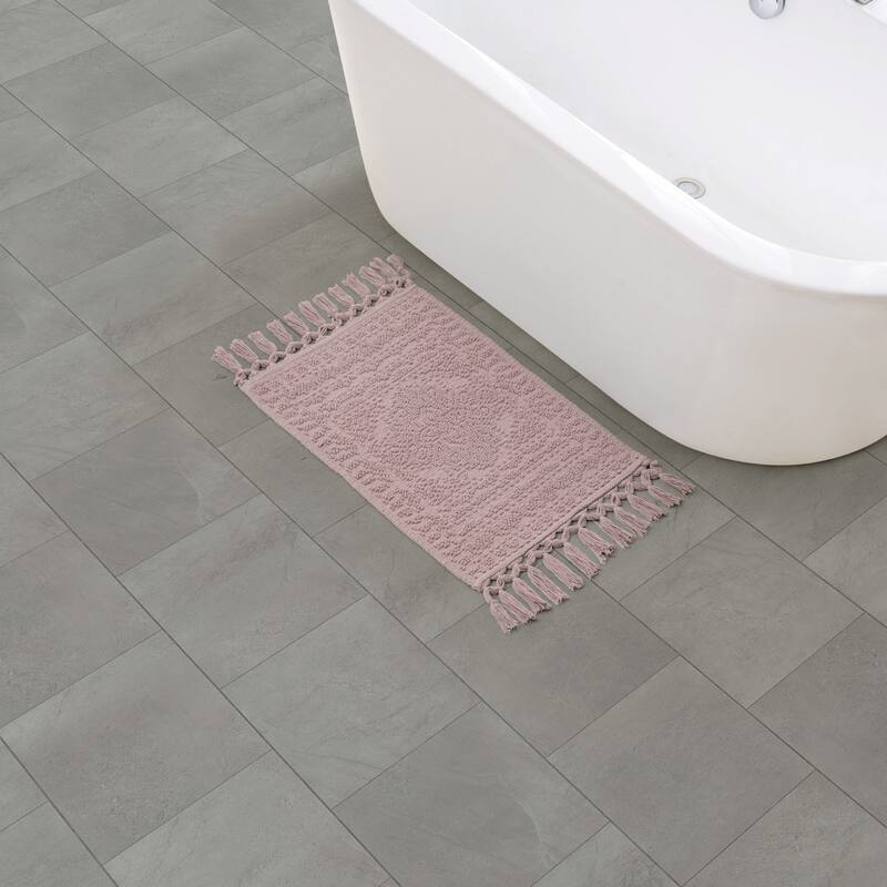 French Connection Nellore Fringe Cotton Bath Rug - 17x28 - Dusty Mauve