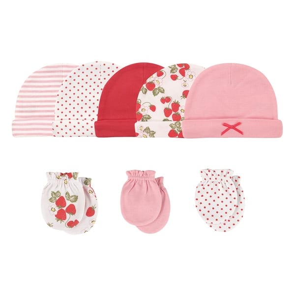 slide 1 of 1, Hudson Baby Infant Girl Cotton Cap and Scratch Mitten 8pc Set, Strawberries, 0-6 Months - Strawberries Strawberries - 0-6 Months
