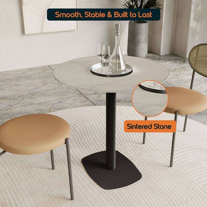 Vail Round Dining Table 27 in. Sintered Stone Tabletop in Black Stainless Steel Square Pedestal Base for Kitchen and Dining Room