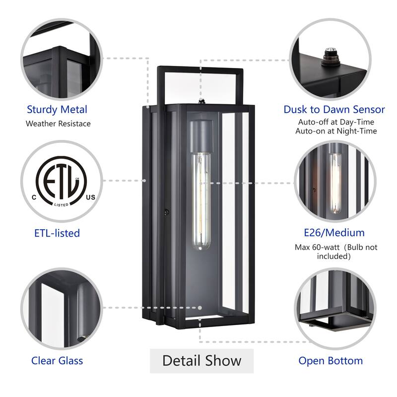 16 in. 1-Light Matte Black Dusk to Dawn Outdoor Hardwired Wall Lantern Sconce with Clear Glass Shade