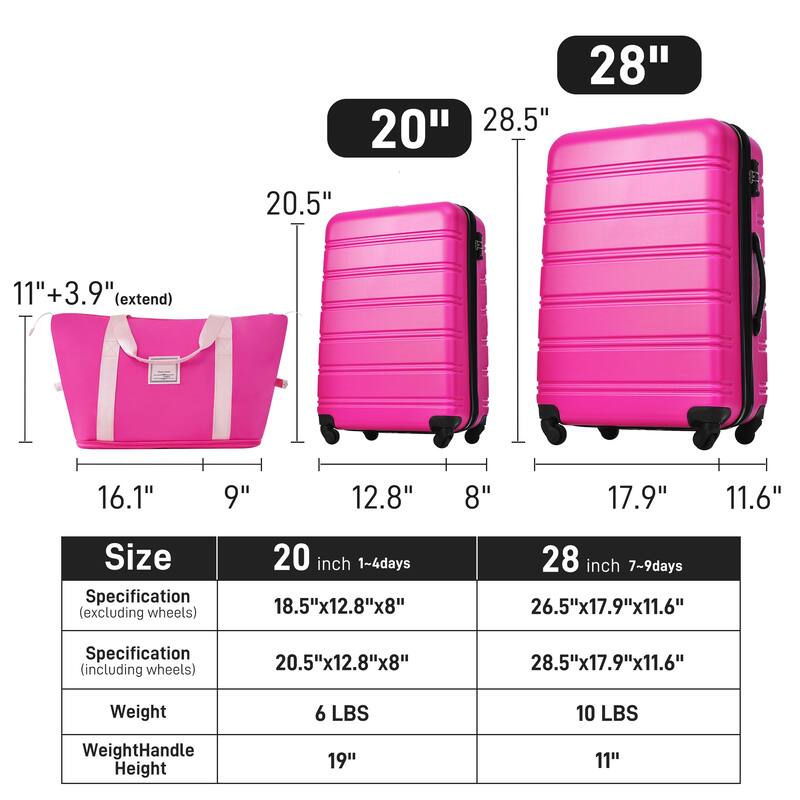 Luggage 2 Piece Set Suitcase Spinner Hardshell Lightweight TSA Lock and Bag, Pink