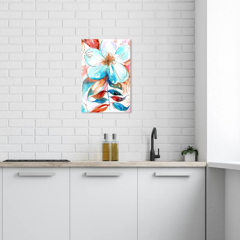 Wynwood Studio Canvas Floral and Botanical Amaretto Teal Flower Blue and Dark Orange Modern & Contemporary Wall Art Canvas Print - 24 x 16