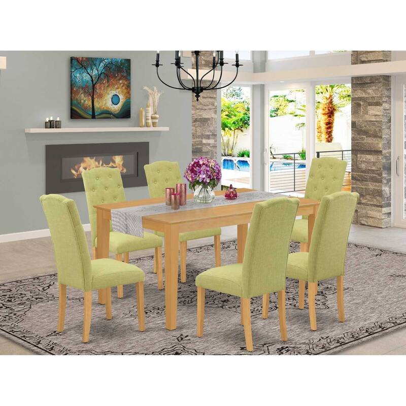 HomeStock 7-Piece Rectangle Natural Oak Finish Solid Wood Top Dining Table with 6-Parson Chairs with Lattice Back