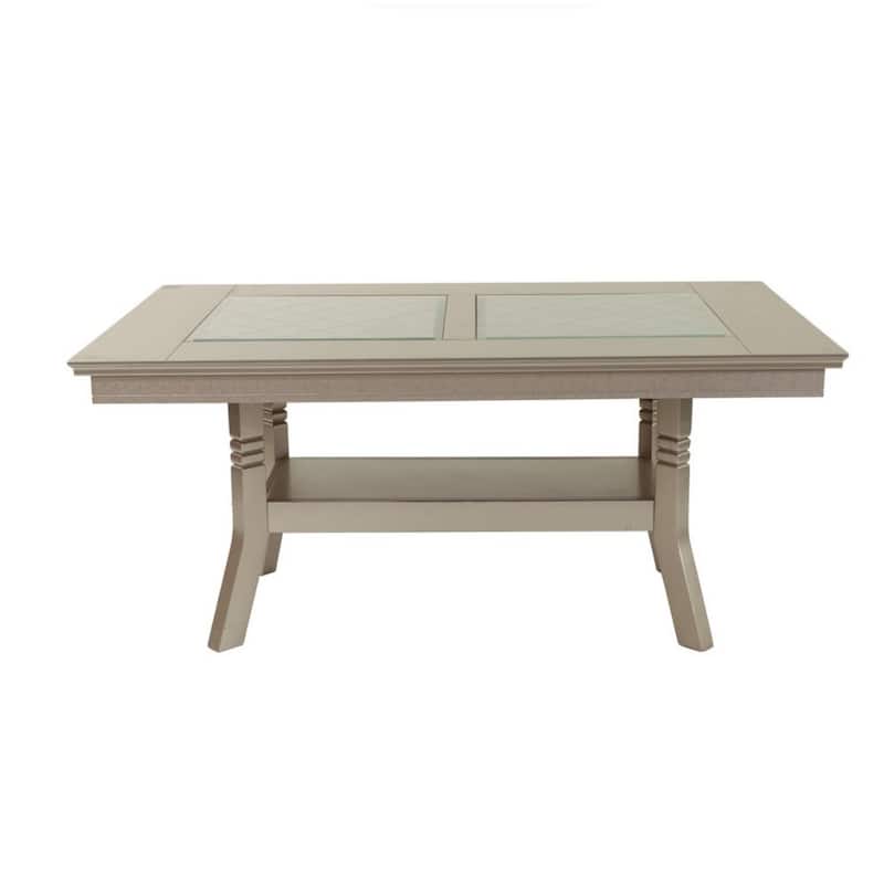 Teme 66 Inch Dining Table, Glass Top, Lower Shelf, Beige Rubberwood