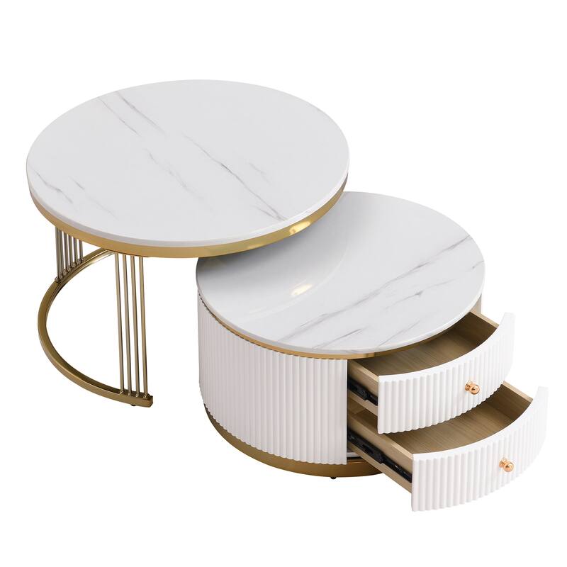 Roomfitters Modern 2-Piece White Round Nesting Coffee Table Set with Gold Base and Storage Drawers 27.6"
