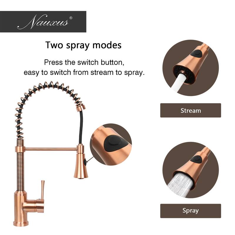Copper Pre-Rinse Spring Kitchen Faucet, Single Level Solid Brass Kitchen Sink Faucets with Pull Down Sprayer - 8.9x20.2"