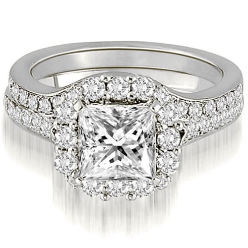 18kt White Gold 1.42 CT.TW Single Halo Princess and Round Cut Diamond Matching Bridal Set HI,SI1-2