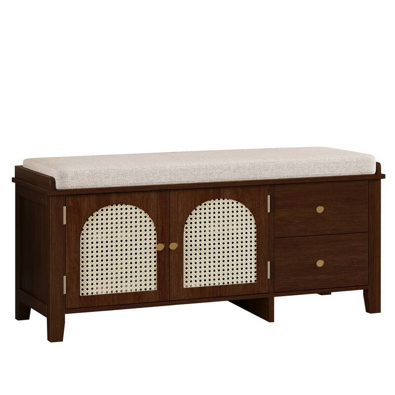 Retro Shoe Storage Bench with Drawers and Cushion for Entryway or Living Room Organization