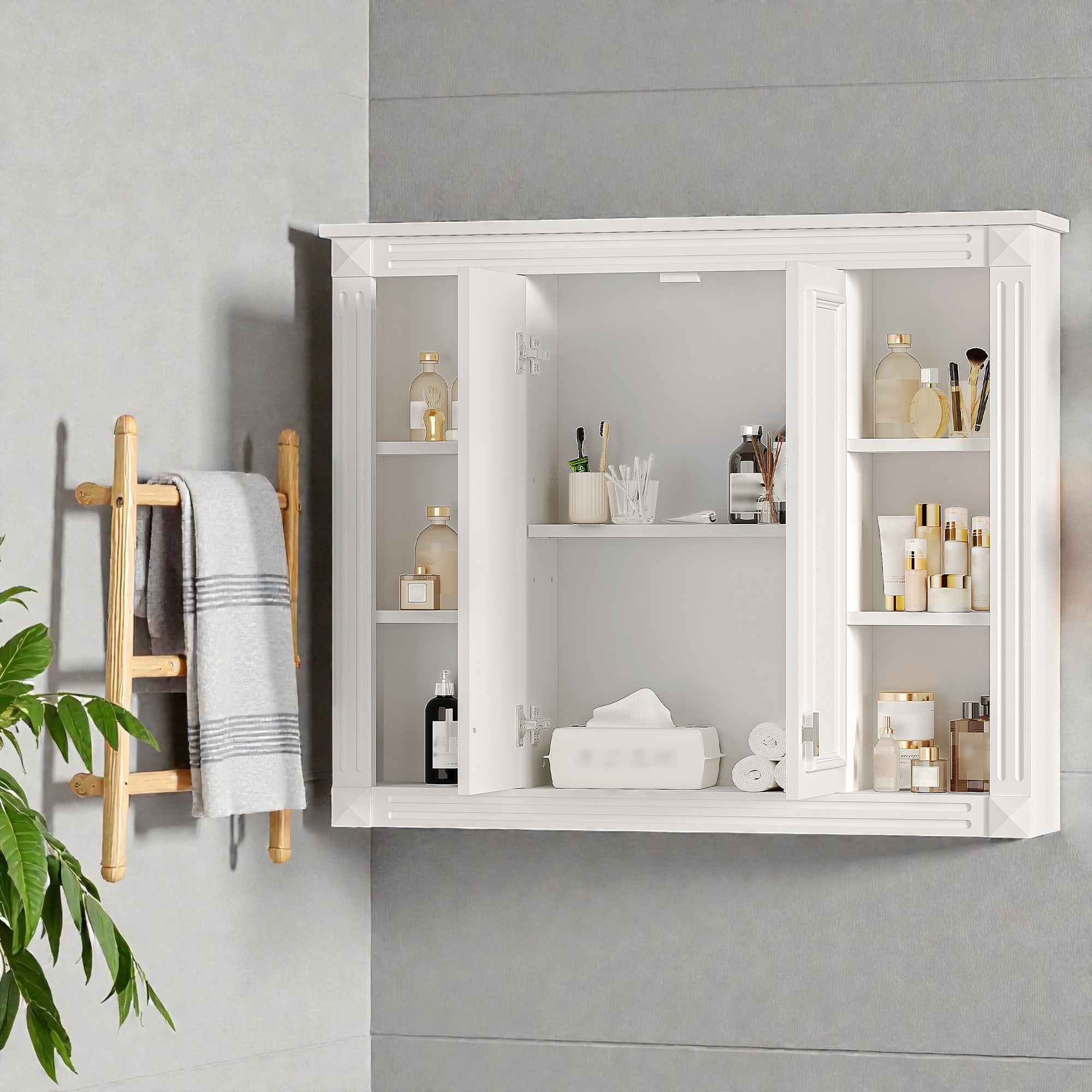 36 Inch Wall Mounted Bathroom Medicine Cabinet with Adjustable Shelf, Soft Close Doors, White Storage Cabinet