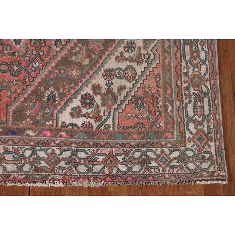 Geometric Pink Hamedan Persian Vintage Rug Hand-Knotted Wool Carpet - 6'7"x 9'7"