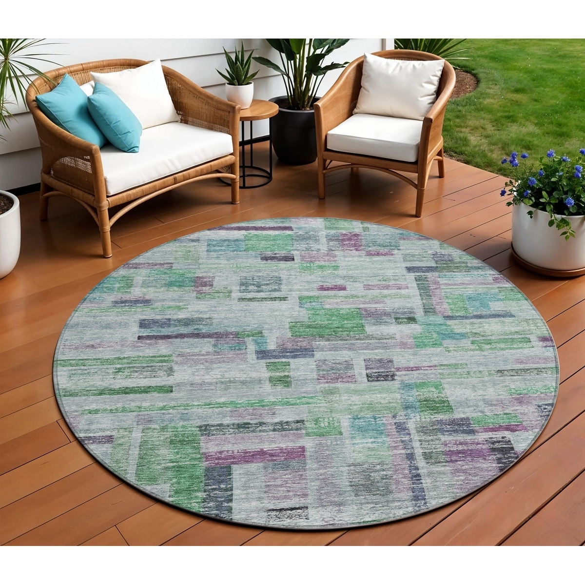 8' Artichoke Green Charcoal And Purple Round Striped Washable Indoor Outdoor Area Rug - 6' x 9'