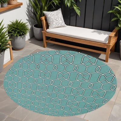 Ralu Abstract Shapes Weather Resistant Refined Traditional Hand-Woven Round Outdoor Rug - 7' Round
