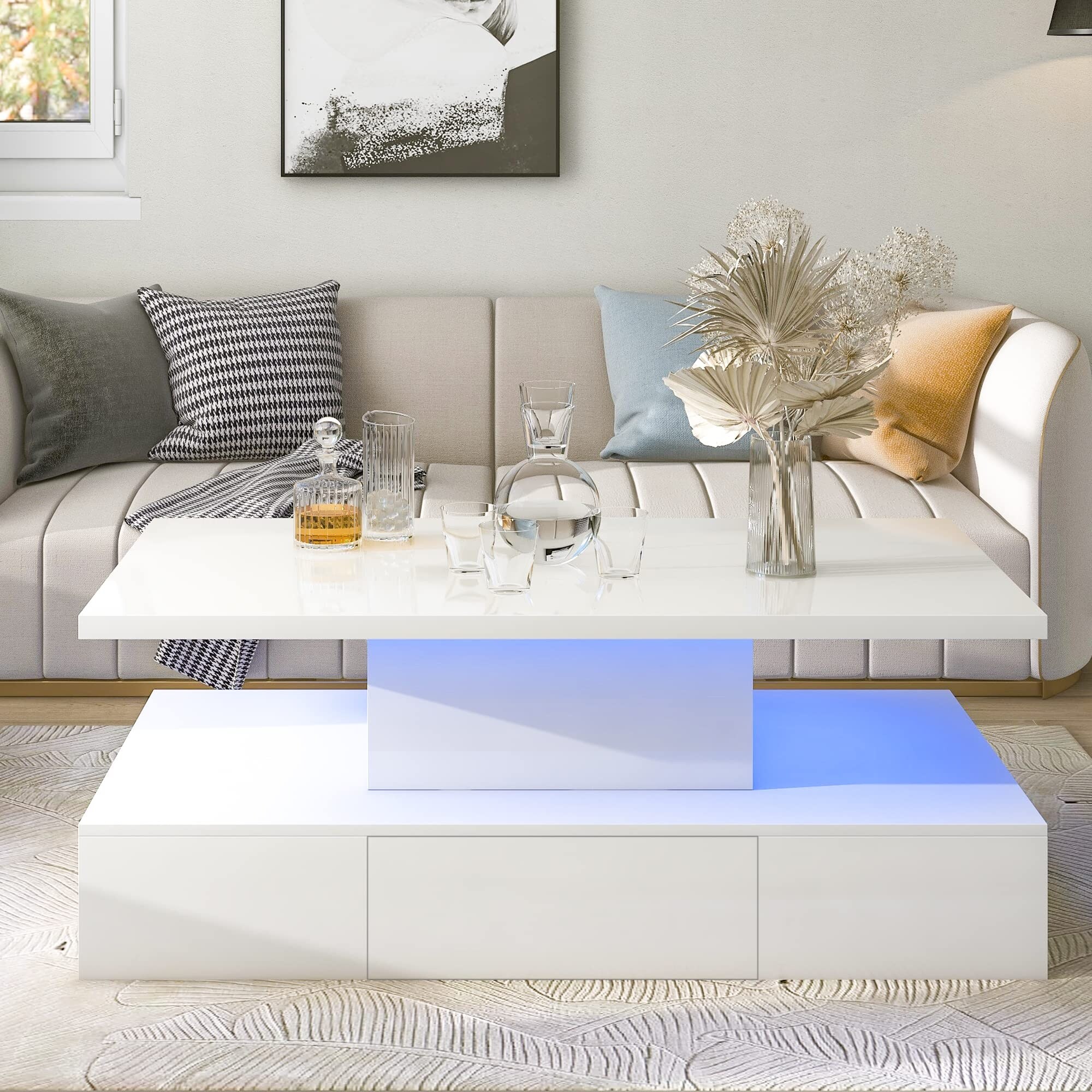 White Coffee Table with LED Lights for Living Room Christmas Modern Glossy Rectangle Center Table 16 Colors with Remote Control