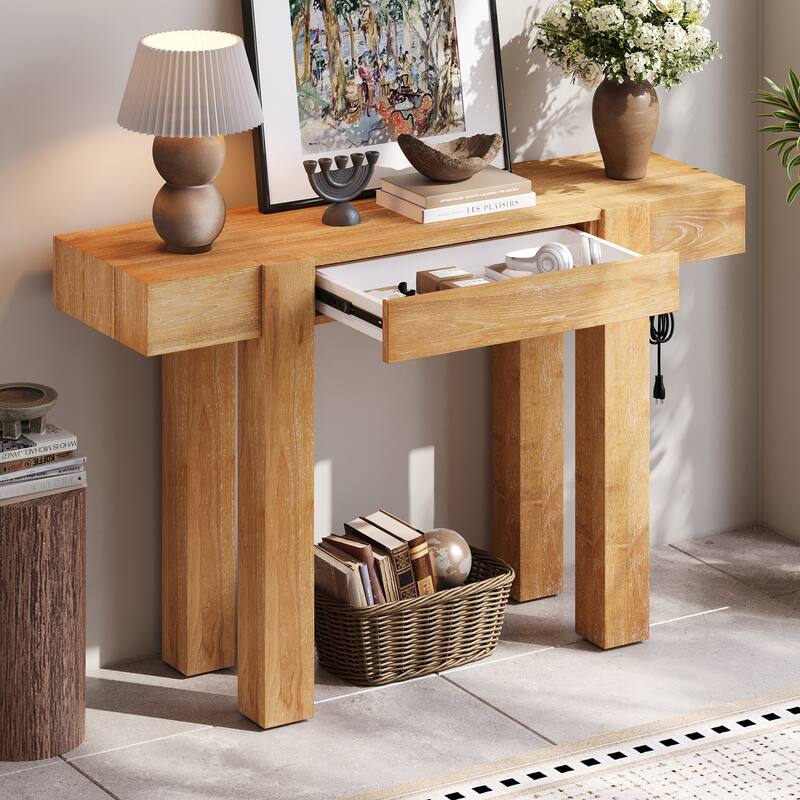 Rossetta Wooden Rustic-Minimalist Charm Console Table with Side Power Outlet and Hidden Drawer - Natural