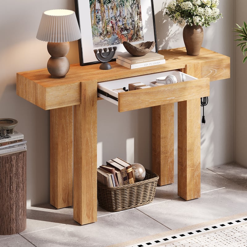 Rustic Minimalist Console Table with 1 Hidden Drawer and Side Power Outlet
