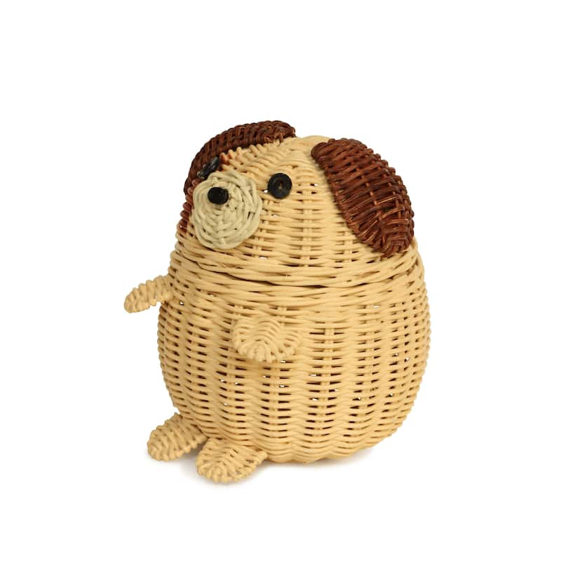 Dog Rattan Storage Basket with Lid Decorative Home Decor Hand Woven Shelf Organizer Cute Handmade Handcrafted Gift Artwork