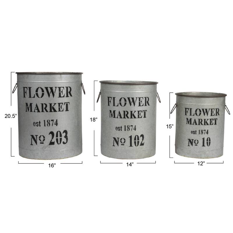 Decorative Metal Buckets with Handles and "Flower Market" Text - Grey
