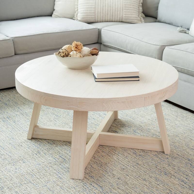 Plank and Beam Classic Round Coffee Table - 36" - Coastal White Wirebrush