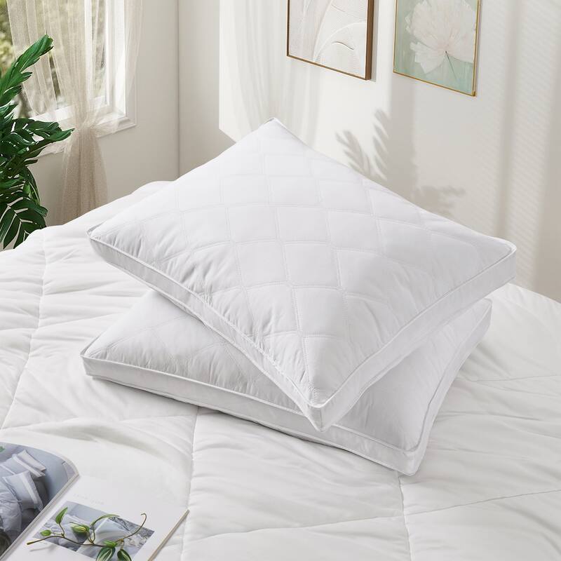 Medium Goose Feather Down Pillow with Quilted Cotton Cover Set of 2 - White - Medium - Standard