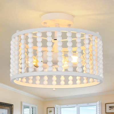 Starsky 3-light 12in. Bohemian Drum Ceiling Light Wood Bead Semi Flush Mount
