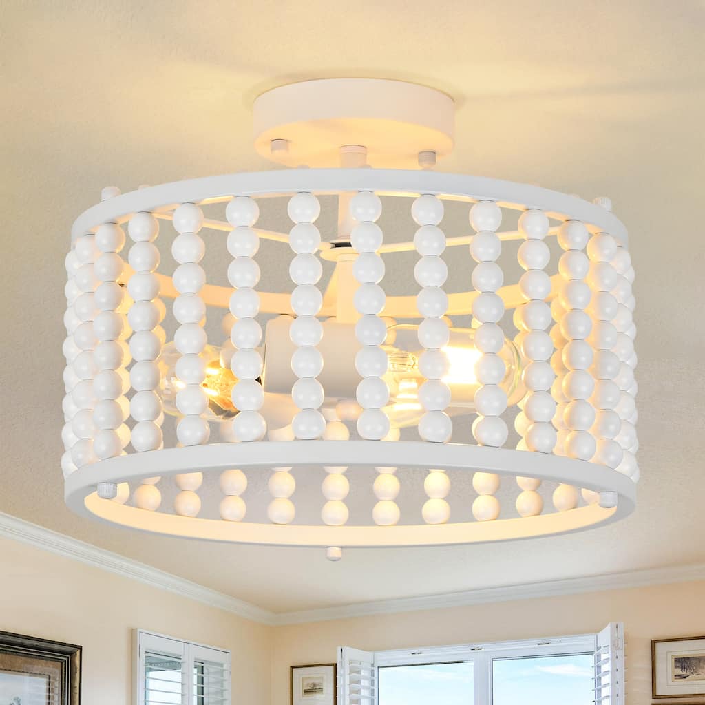 Starsky 3-light 12in. Bohemian Drum Ceiling Light Wood Bead Semi Flush Mount