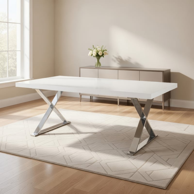 Rix 87 Inch Dining Table, White Wood Top, X Chrome Finished Steel Legs
