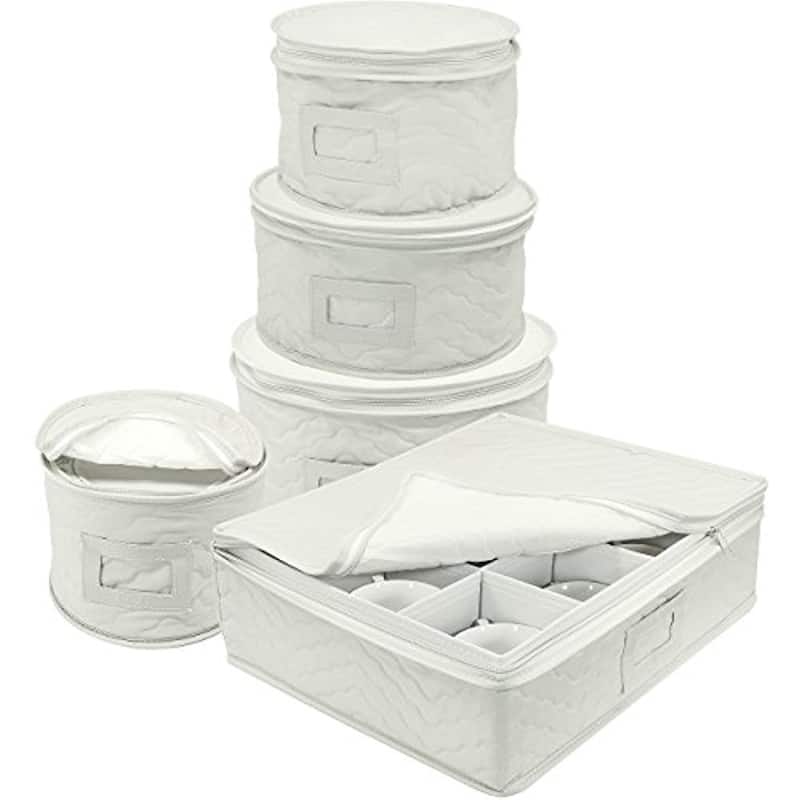 Dinnerware Storage 5-Piece Set for Protecting or Transporting Dinnerware — Service for 12 (Beige) - White