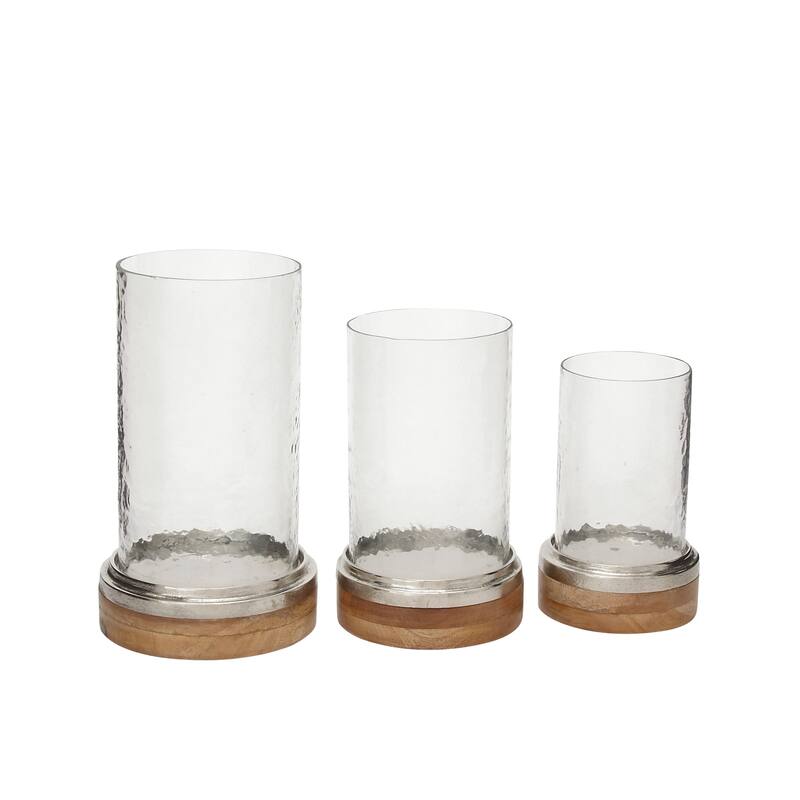 Wood Pillar Hurricane Lamp with Glass Candle Holders - Set of 3 Brown - Roche River Decor - 8"W x 8"L x 13"H