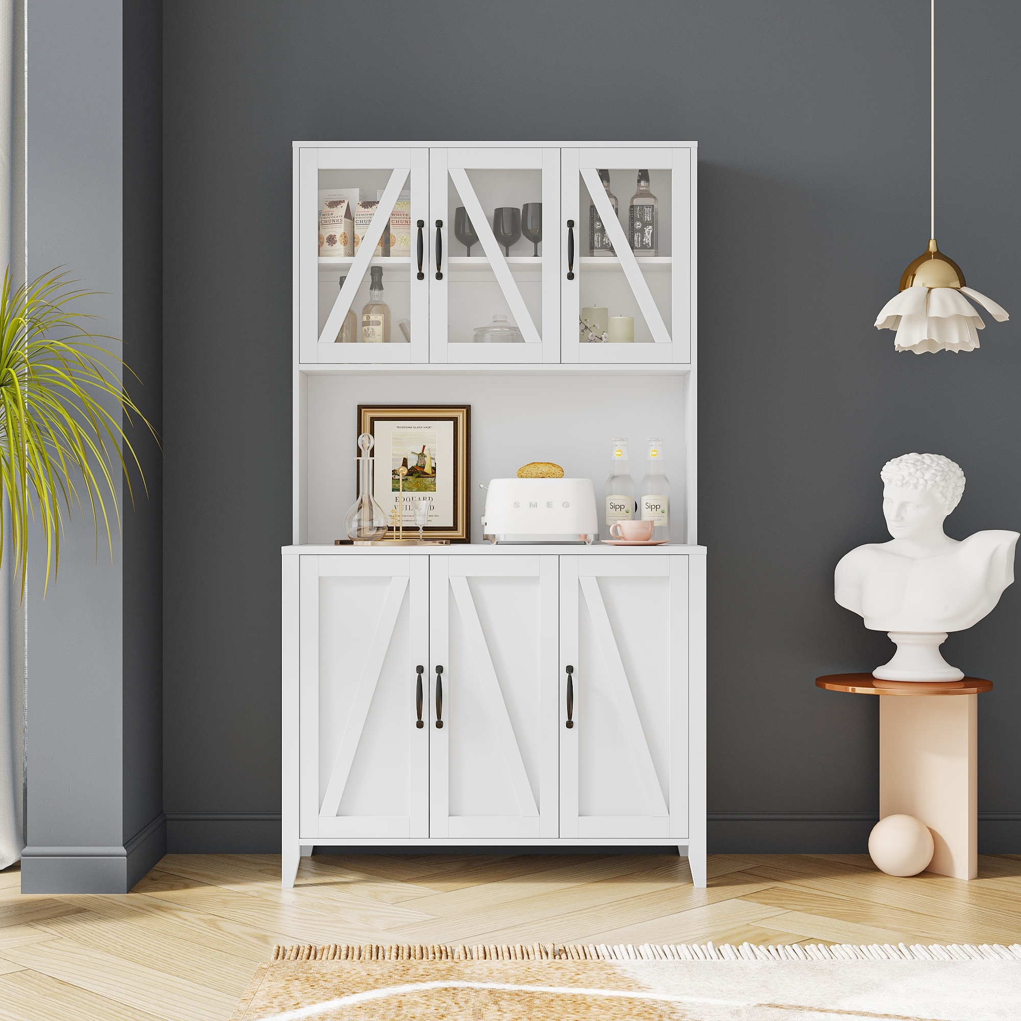 Large Kitchen Pantry Storage Cabinet with Glass Doors Drawers
