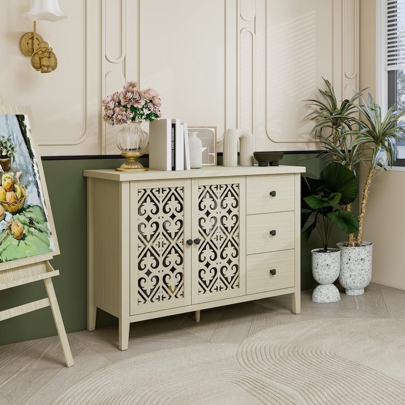 Roomfitters Hollow Carved Sideboard Buffet Cabinet with 2 Doors and 3 Drawers, Natural