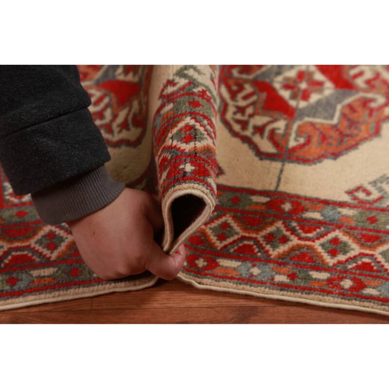 Geometric Kazak Foyer Rug Handmade Oriental Beige Wool Carpet - 2'0"x 3'0"