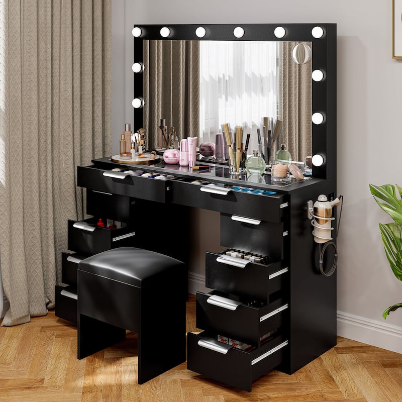 Moasis Mirror and Lights Vanity Desk Makeup Vanity Set with Glass Top and 10-Drawer, Charging Station, Dressing Table