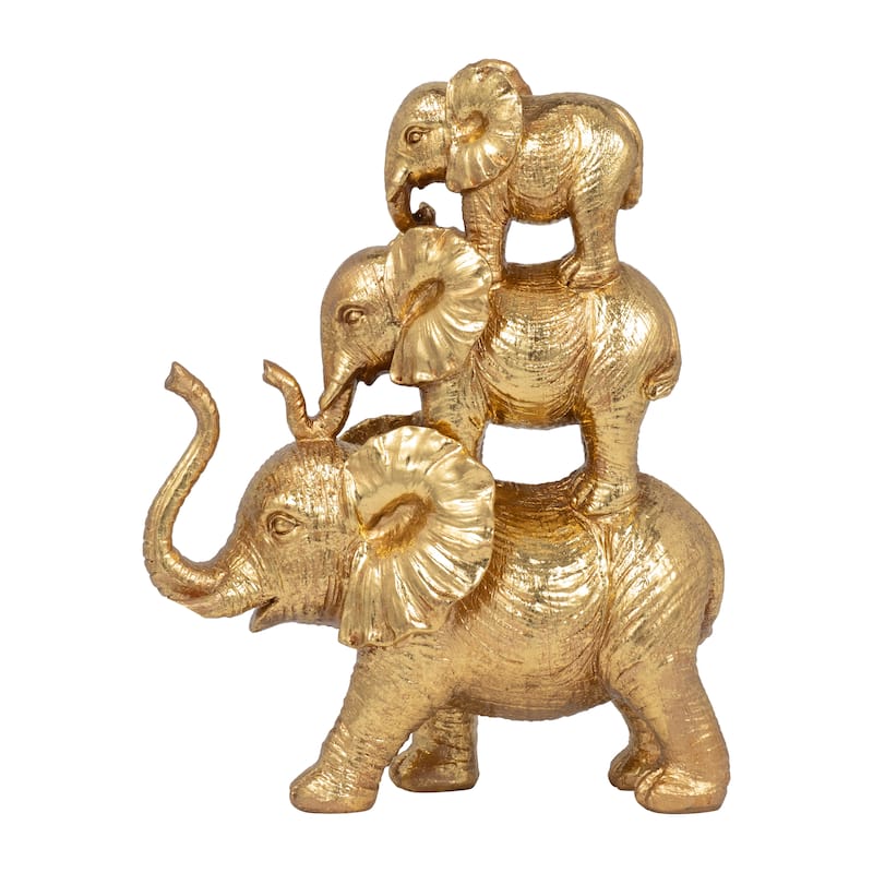 Resin Stacked Raised Trunk Elephants Figurine - Gold, 10"