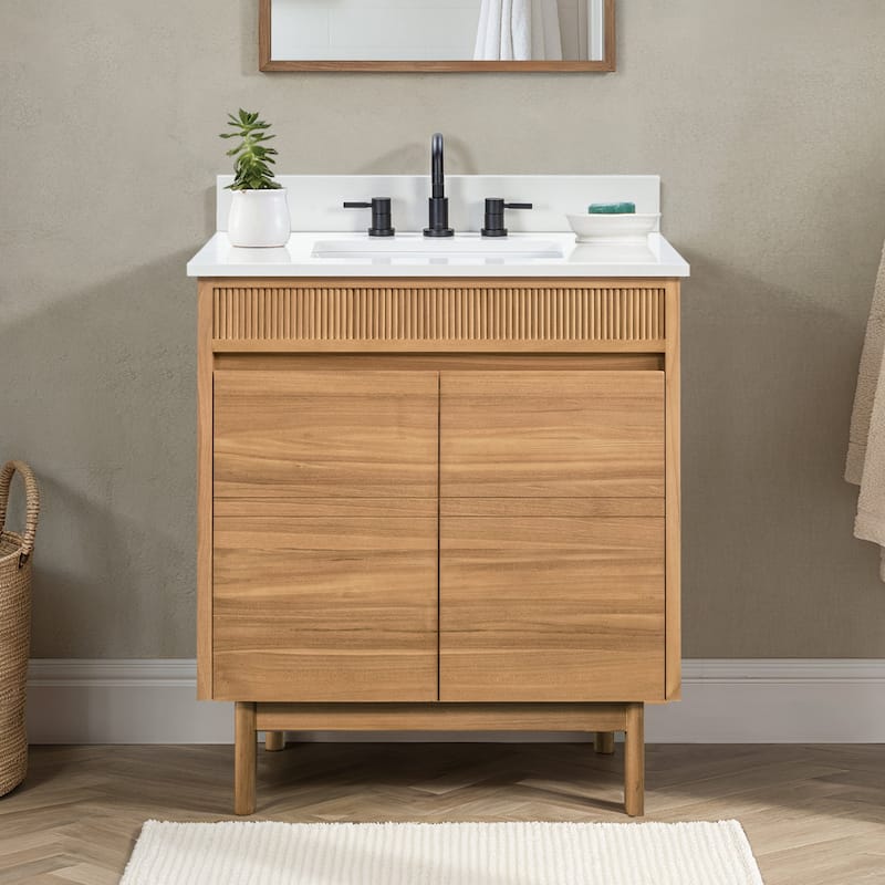 Avanity Kayla Bathroom Vanity in Natural Teak with White Engineered Stone Top - 31" Single Sink