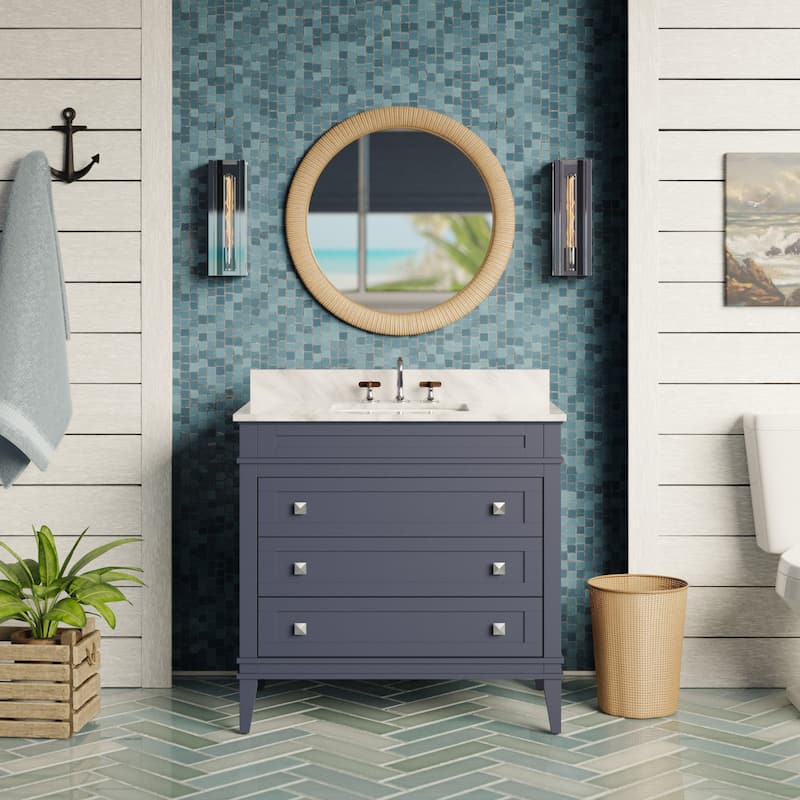 KitchenBathCollection Eleanor 36" Bathroom Vanity with Carrara Marble Top - Marine Gray